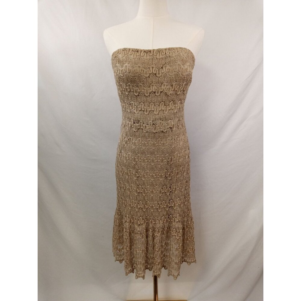 Vintage Cache Women's Gold Metallic Strapless Midi Dress Size 14